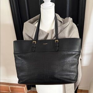 Saint Laurent Black Leather Croc Bag with Gold Buckle